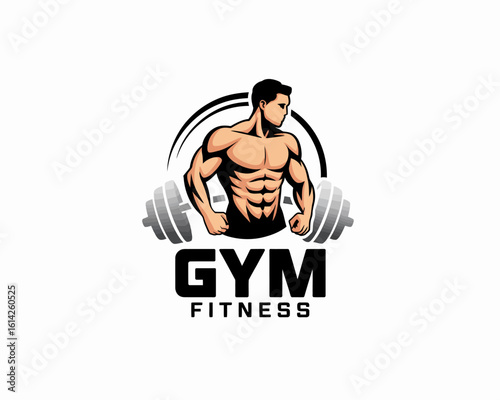This captivating gym fitness logo showcases a muscular figure lifting a barbell, emphasizing strength, physical fitness, and a commitment to health and wellness for all.