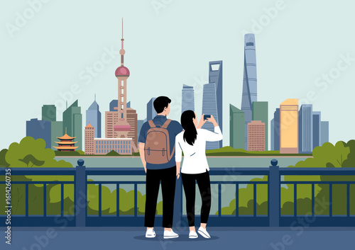 A couple stands together admiring the breathtaking skyline of Shanghai, representing love, adventure, and exploration in a modern urban environment.