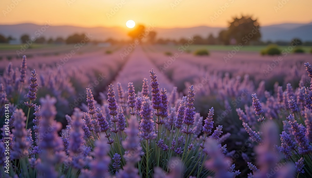 Obraz premium Vast Lavender Field in Full Bloom, Stretching into the Distance with Rows of Purple Flowers Under a Warm Sunset Sky and a Hazy Mountainous Horizon