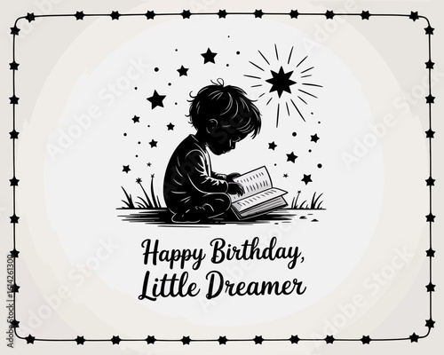 A heartwarming birthday card featuring a silhouette of a child reading under a starlit sky, perfect for celebrating the imagination of little dreamers.
