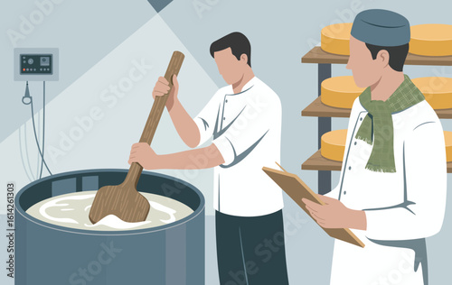 An informative illustration of cheese production featuring skilled artisans in a modern dairy facility, showcasing the blend of tradition and innovation in food craftsmanship.
