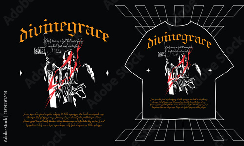 Design concept featuring a graphic on a t-shirt, showcasing text and illustrations.