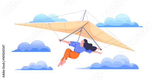 A vivid illustration of a hang glider soaring through fluffy clouds, encapsulating the thrill of adventure and freedom in nature's vast open skies.