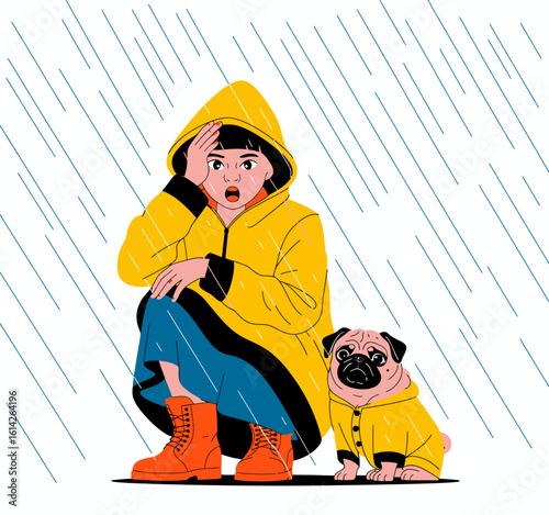 A concerned child in a raincoat with a pug during a downpour conveys the themes of childhood worry and companionship, showcasing a relatable moment of urban life.
