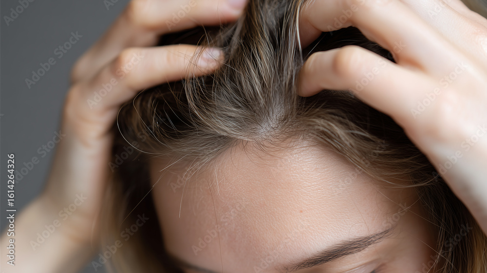 Obraz premium Woman Parting Hair to Inspect Scalp – Dandruff & Hair Loss Concept Close-up