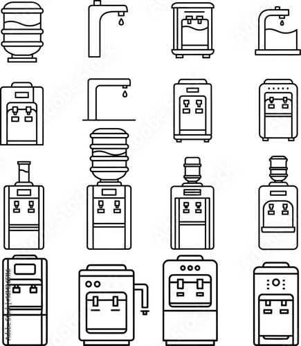 Water Cooler and Dispenser Line Icons - Hydration Appliances Set