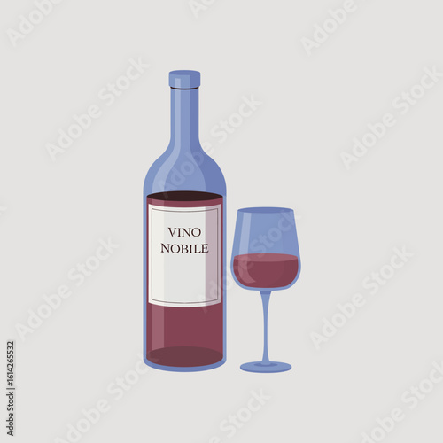 An elegant illustration of a wine bottle and glass, labeled Vino Nobile, evokes sophistication and luxury, perfect for wine enthusiasts and collectors who appreciate fine beverages.