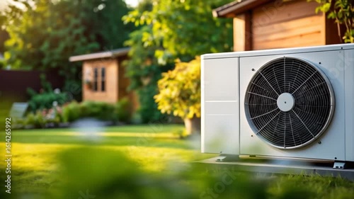 Heat Pump System on Green Grass Lawn near Wooden Cottage with Sunlight Streaming Through Green Trees and Shrubs During Summer Day