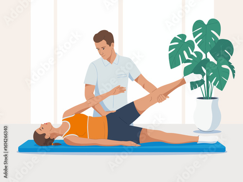 A professional physiotherapist is helping a patient with an exercise, highlighting collaboration and support in healing, perfect for health and wellness themes.