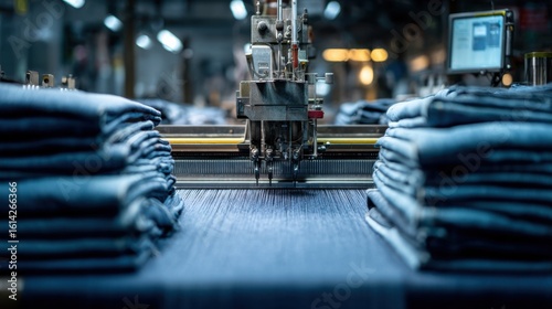 Wallpaper Mural Classic textile workshop medium shot emphasizing a shuttle looms moving shuttle in crisp detail surrounded by softly blurred traditional denim stacks and automated quality control Torontodigital.ca
