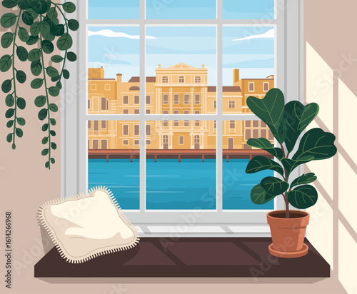 A serene view from a window featuring a beautiful waterfront and charming buildings, creating a peaceful ambiance perfect for relaxation and inspiration.