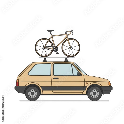 Beige Car with Bicycle on Roof Rack
