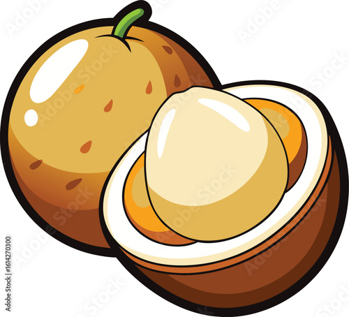 Illustration of a whole and sliced exotic fruit with brown skin and white flesh new 2025 trendy  colourful cartoon illustration vector