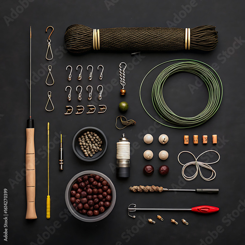 Minimalist flat lay of essential fishing tackle on a dark background barbed hooks, sinkers, swivels, soft bait, and leader line neatly arranged