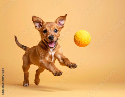 Joyful small brown puppy dog jumping to catch yellow ball. playful and energetic canine playing with toy in studio with solid color background and happy expression