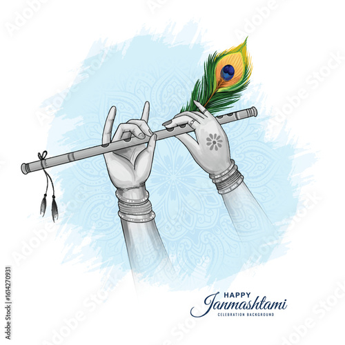Beautiful happy janmashtami with lord krishna hand playing bansuri festival design
