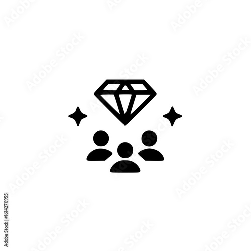 Black icon of multiple people with a diamond above symbolizing teamwork, high-value community, or premium service