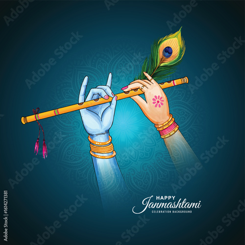 Beautiful happy janmashtami with lord krishna hand playing bansuri festival design