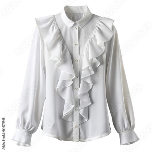 Elegant white ruffled blouse isolated on transparent background