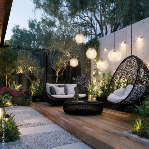 Outdoor patio with lounge, lighting, and hanging chairs