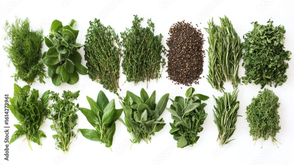 Naklejka premium Fresh Culinary Herbs Arrangement on White Background for Cooking