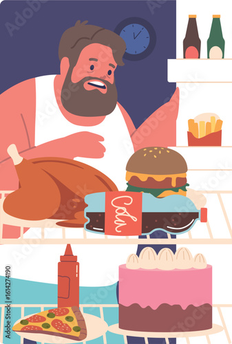 Obese man searching junk food