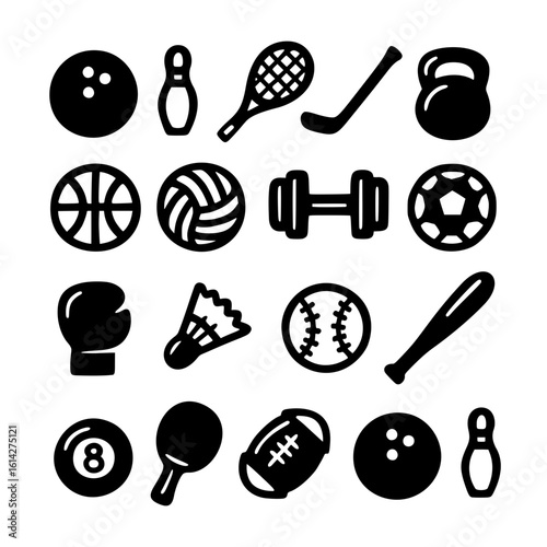 Set of Black Sport Icons – Flat Vector Silhouettes of Balls, Equipment, and Fitness Tools