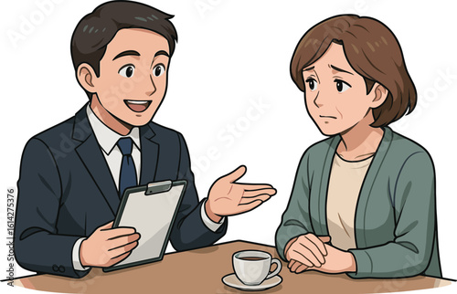 スーツの男性と主婦の話のイラスト