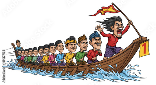 A caricature illustration of a men's team competing in a traditional Southeast Asian longboat race, showcasing teamwork and cultural sports.