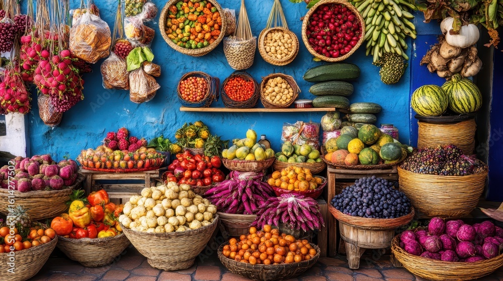 Fototapeta premium Colorful Market Display of Fresh Fruits and Vegetables on Stands