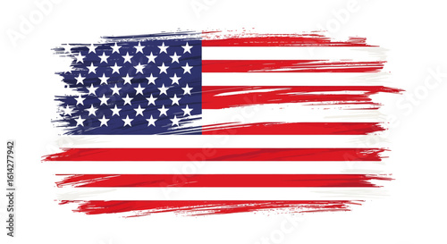 American flag with a distressed grunge texture. Painted US national symbol with artistic brush strokes for patriotic designs.
