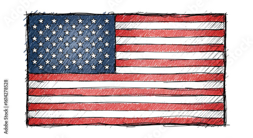 A hand-drawn sketch of the American flag with stars and stripes, symbolizing national pride and patriotism.