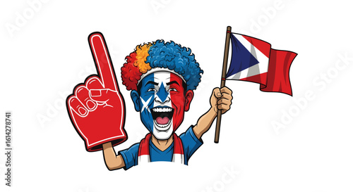 Vibrant cartoon character expressing excitement as a devoted sports fan, cheering loudly with a large foam finger and a spirited flag illustration.