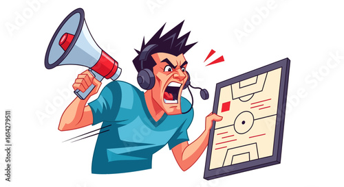 Intense sports coaching concept with an angry manager shouting into a megaphone while holding a tactical board.