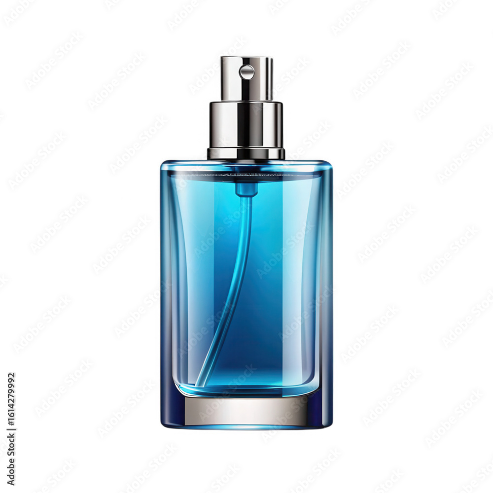 Fototapeta premium Blue Perfume Bottle with Silver Spray Cap Isolated on White Background
