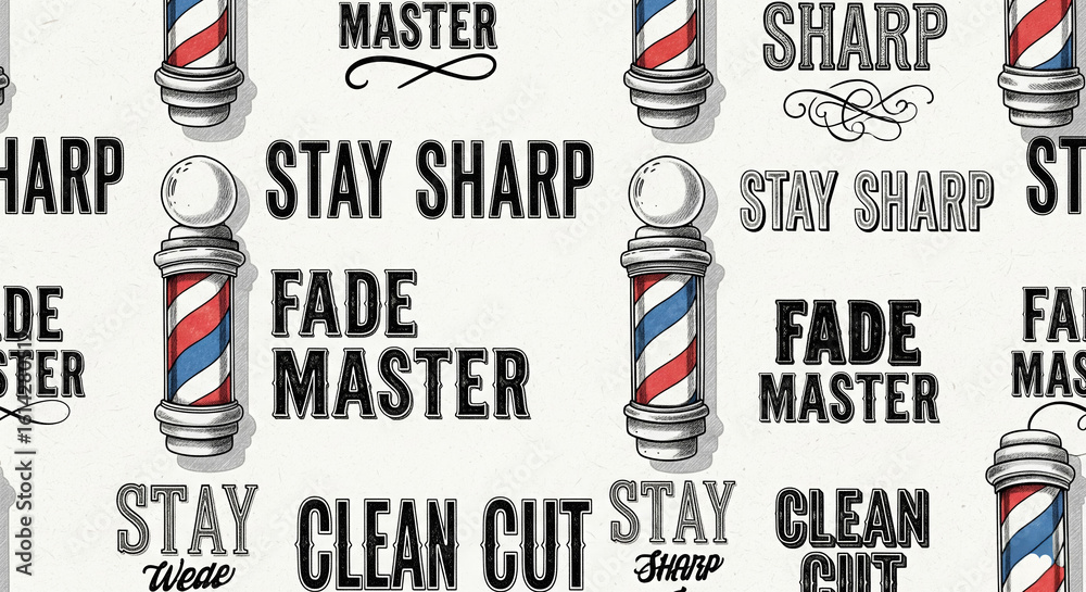 Fototapeta premium Retro-style barbershop print featuring barber poles and haircut-related typography in a repeat pattern, perfect for branding, posters, and masculine-themed decor