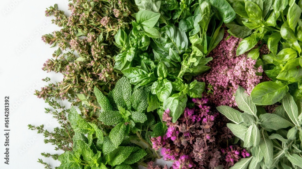 Obraz premium Fresh Green Culinary Herbs Collection on White Background
