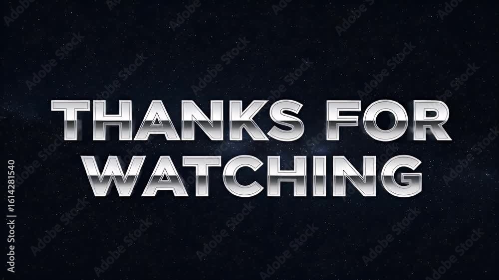 Metallic silver thanks for watching text overlay design with stars and light effects