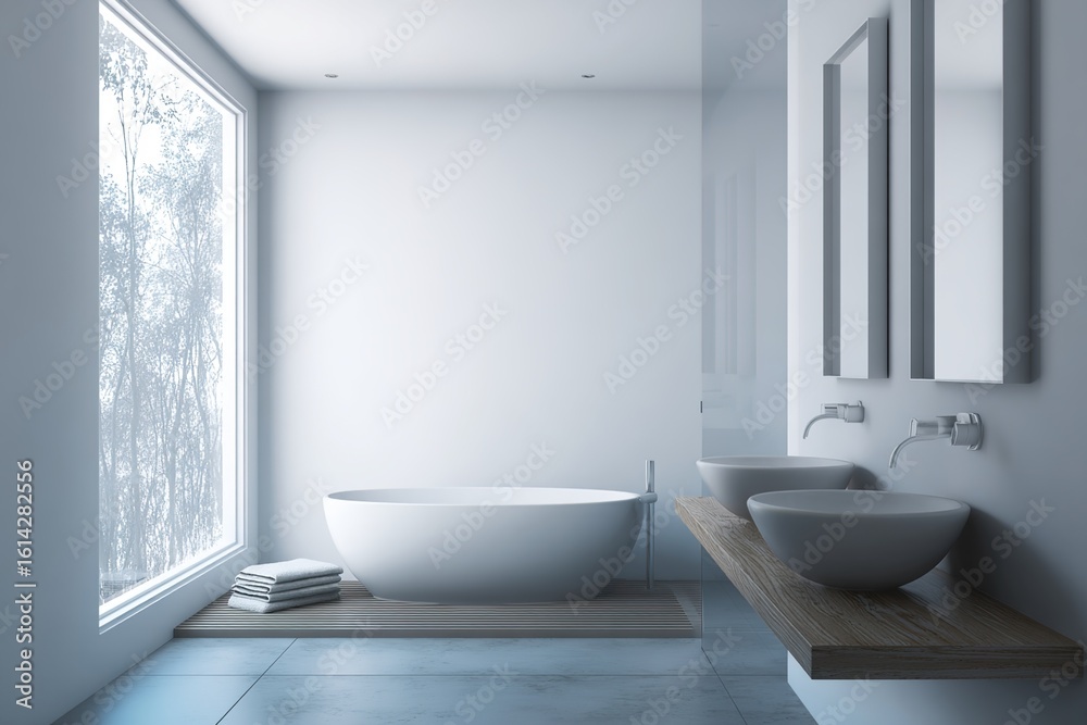 Minimalist bathroom interior with blank white wall and natural lighting. 3D Rendering. High quality Minimalist bathroom interior with blank white wall and natural lighting. 3D Rendering. High quality