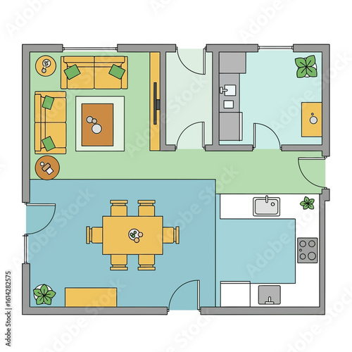 Top-down view of a colorful apartment floor plan with furniture layout.