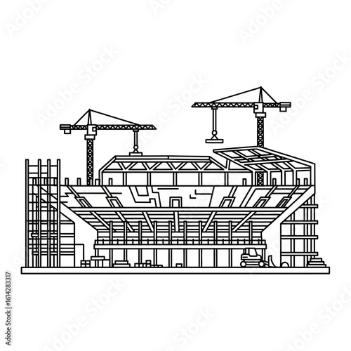 Stadium under construction with cranes and scaffolding against a white background.