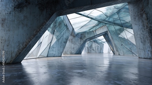 3d render of abstract futuristic glass architecture with empty concrete floor. High quality