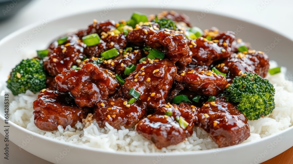 Fototapeta premium Delicious Sweet and Sour Beef with Broccoli on White Rice Plate