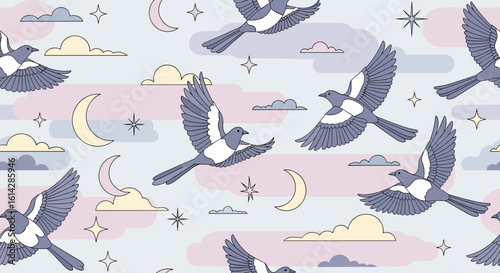 Whimsical Magpies Flying in a Dreamy Sky with Clouds, Moons, and Stars, Pastel Illustration