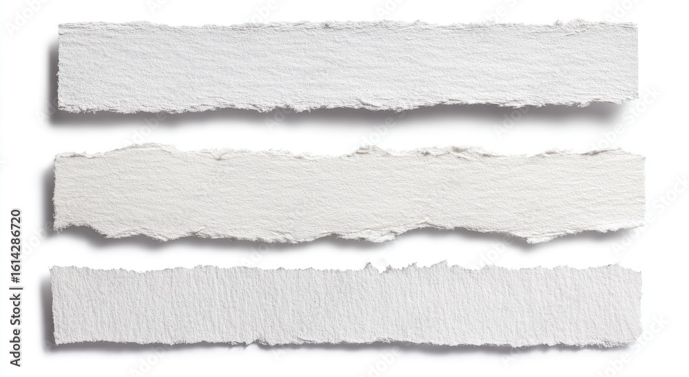 Three torn paper strips isolated on white background, design element Three torn paper strips isolated on white background, design element