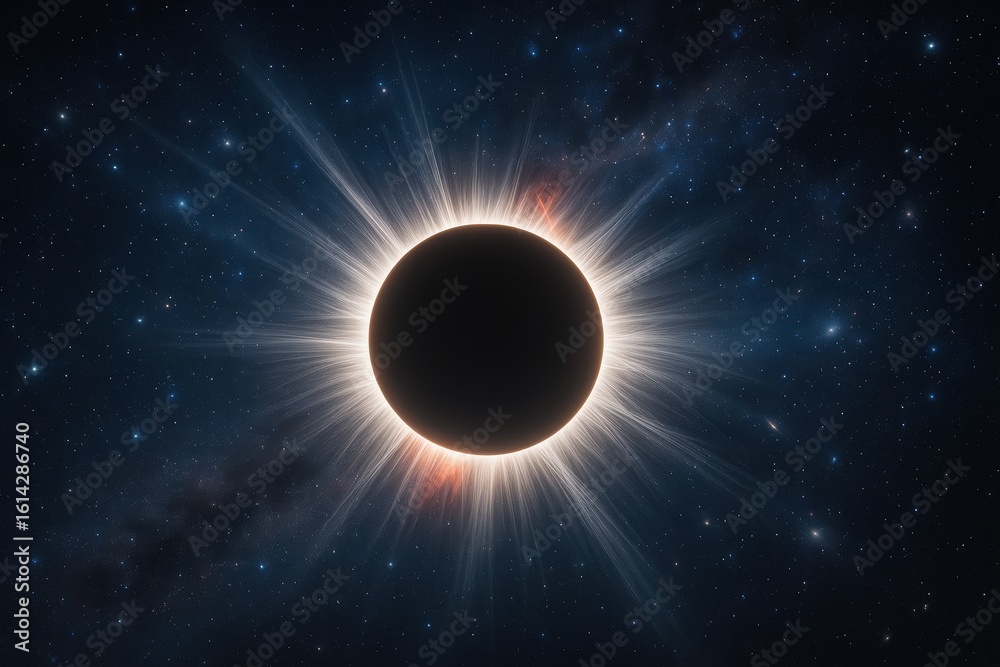 Naklejka premium Breathtaking total solar eclipse with dramatic corona visible against star-filled cosmic sky with ethereal light rays