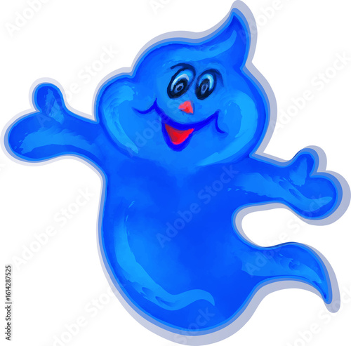 Friendly Cartoon Ghost Illustration in Bright Blue. Cartoon-style blue ghost with cheerful expression and outstretched arms on a white background