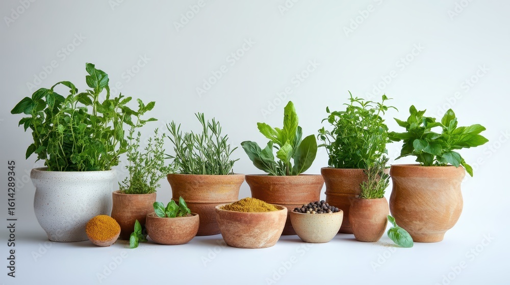 Obraz premium Fresh Herbs and Spices in Clay Pots on Minimalistic Background