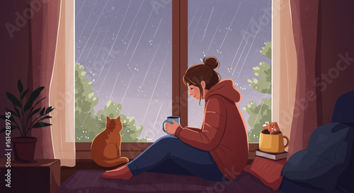 Person with cat and cup by the window on a rainy day – flat vector illustration

