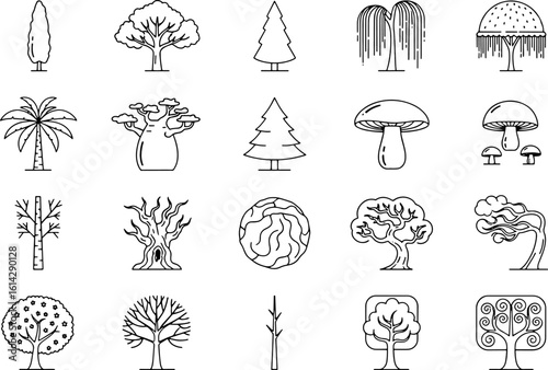 Line icon set of twenty stylized trees and plants.
